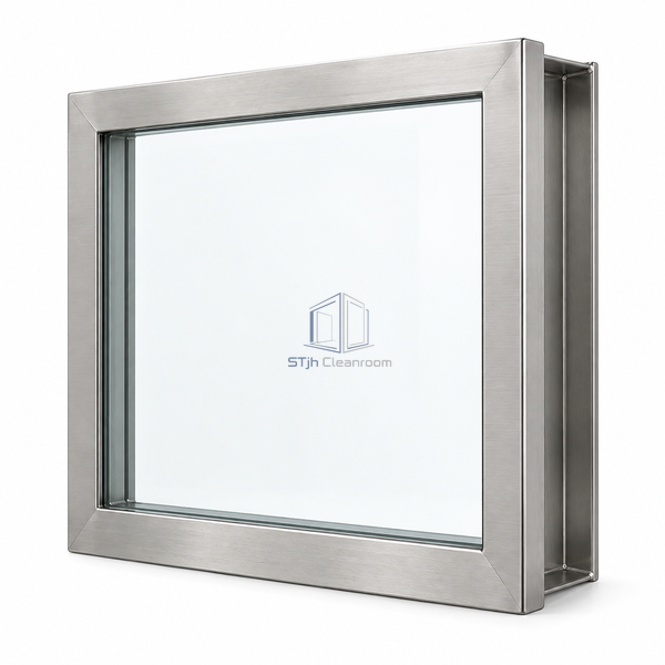 STjh 304 stainless single-side-flush observation window on white, with clear glazing and the recessed reverse reveal visible at an angle.