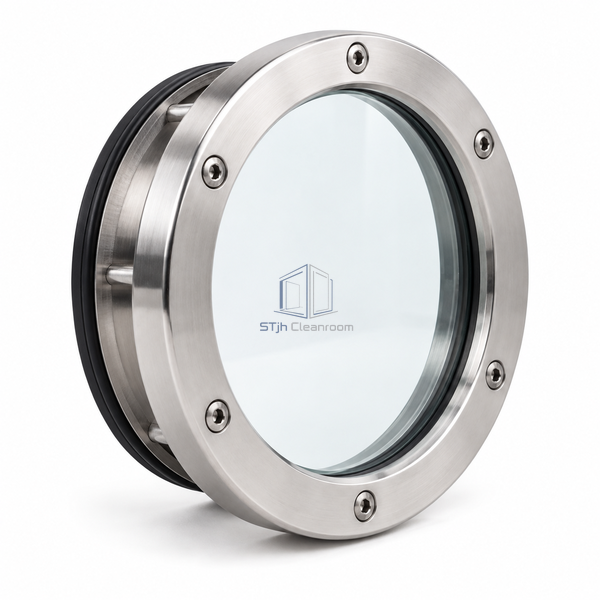 STjh 316 stainless compression-sealed observation window on white, with a polished surround and a visible dark perimeter gasket at the rear interface.