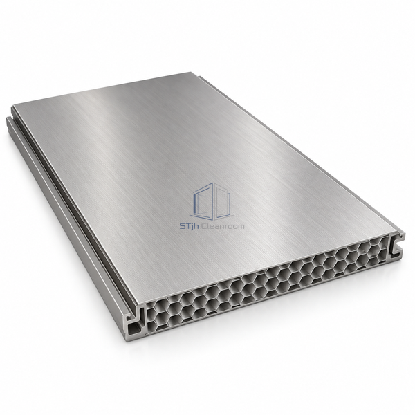 STJH-STAINLESS-STEEL-CLEANROOM-WALL-LINER-PANEL-17P5-SECRET interlocking stainless liner on white background