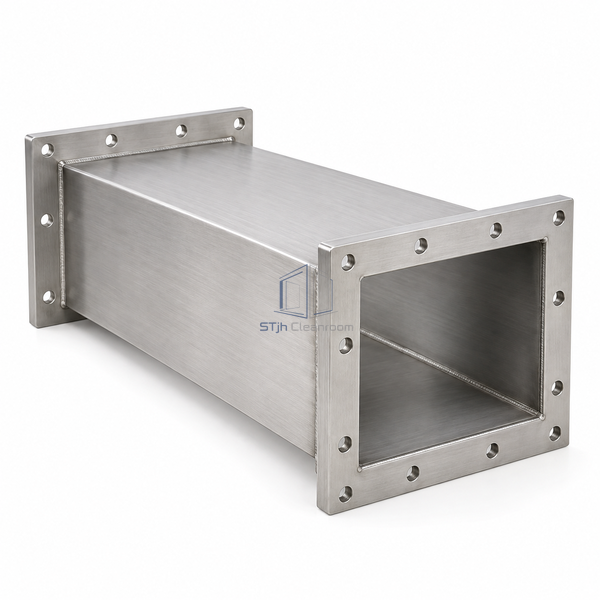 STJH-STAINLESS-STEEL-WELDED-AIR-DUCT-316L-NO4 white-background main view of brushed duct with substantial drilled bolt flanges