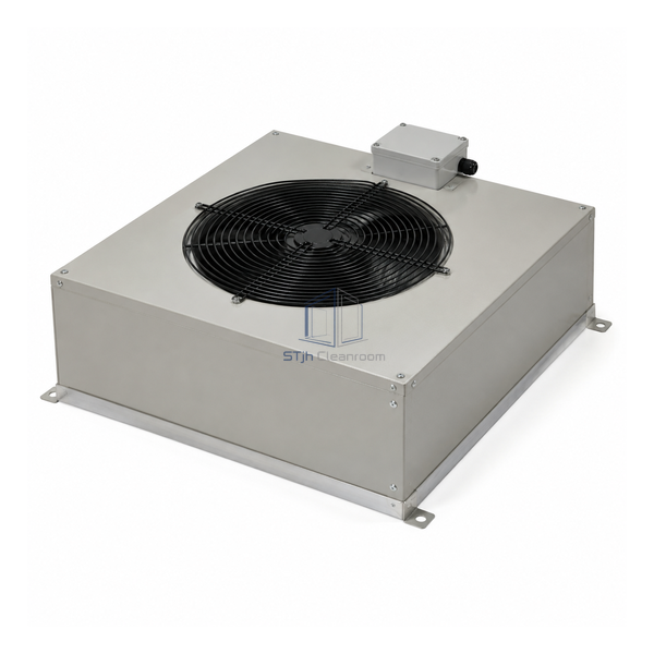 STJH 600 x 600 mm standard HEPA fan filter unit with a square metal housing on white