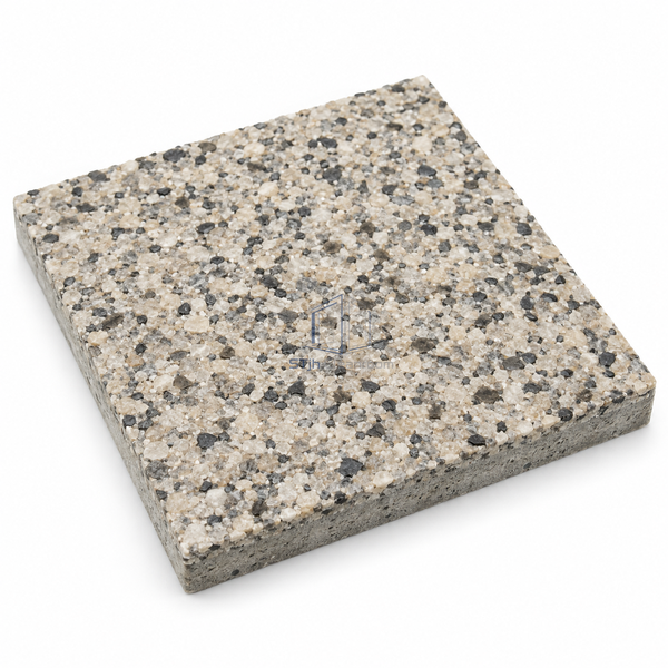 STJH DQ30 static-dissipative quartz floor sample with a sealed mineral mosaic and granular cut edge on white