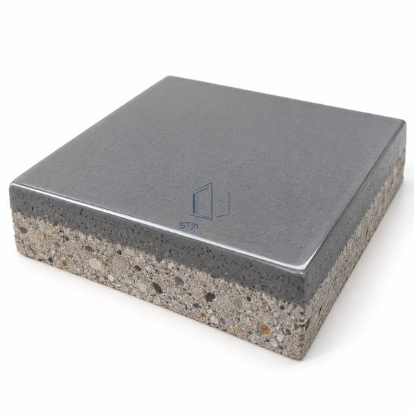 STJH SL24 static-dissipative epoxy sample with a smooth filled wearing layer and visible cut edge on white