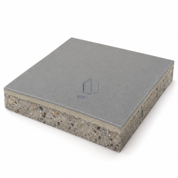 STJH TC05 static-dissipative epoxy topcoat sample showing a thin wearing film above its base at the cut edge on white