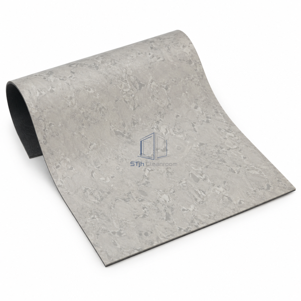 STJH dry-buff restorable dissipative PVC flooring sheet sample showing its smooth face and backing at a curled edge on white