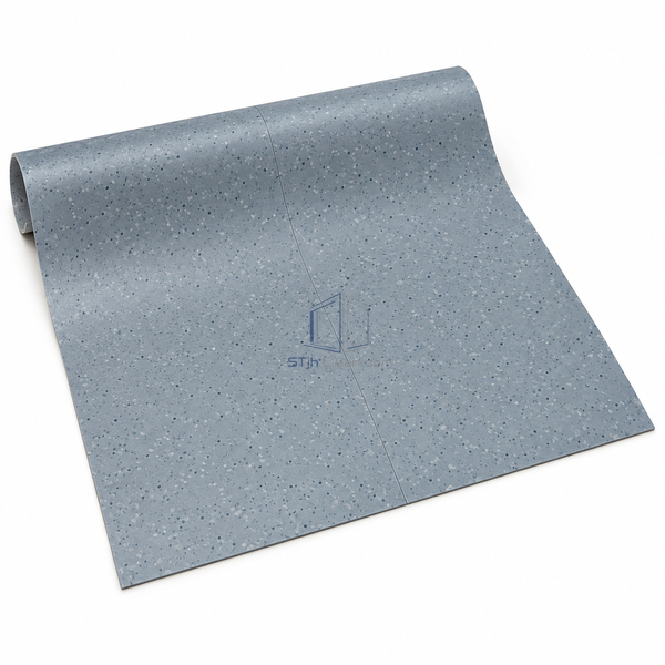 STJH welded static-dissipative PVC sheet sample partly unrolled with fine carbon-granule structure on white
