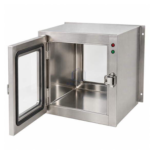 STjh compact 12 inch cubic static stainless pass box with an open mechanically interlocked front door