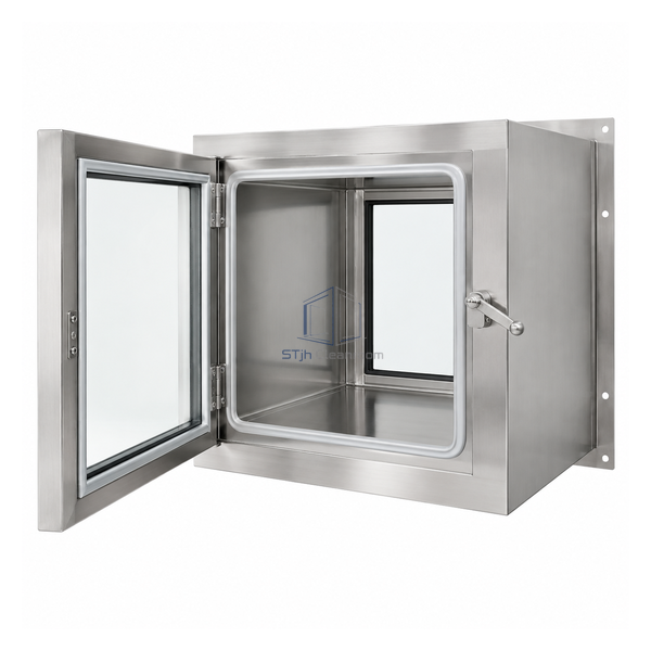 STjh medium 18 inch cubic static 304 stainless steel pass box with open glass front door and mechanical interlock
