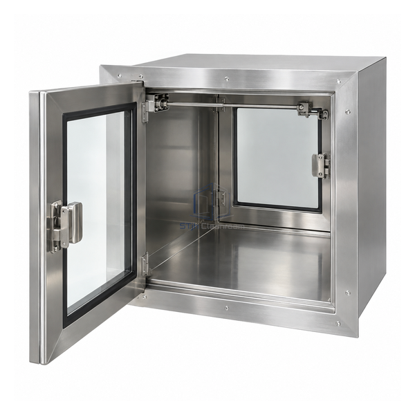 STjh large 24 inch cubic double-wall 304 stainless steel static pass box with broad flange and mechanical interlock