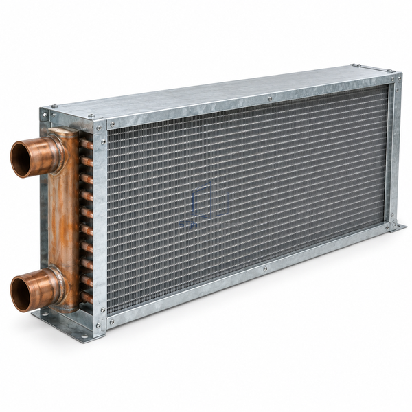 STjh one-row one-inch steam heating coil with large headers and a shallow finned face on white.