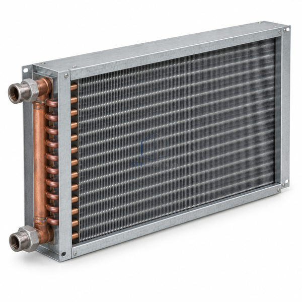 STjh one-row five-eighth-inch steam heating coil with closely spaced tubing and smaller headers on white.