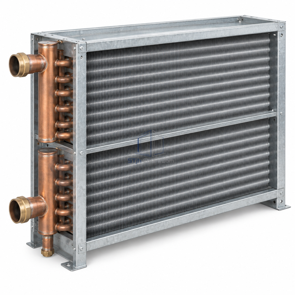 STjh two-row five-eighth-inch steam heating coil with a deeper finned core and distributing headers on white.