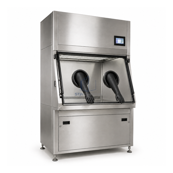 STjh 1200 mm sterility test isolator with two sealed glove ports and a tall filter housing on white