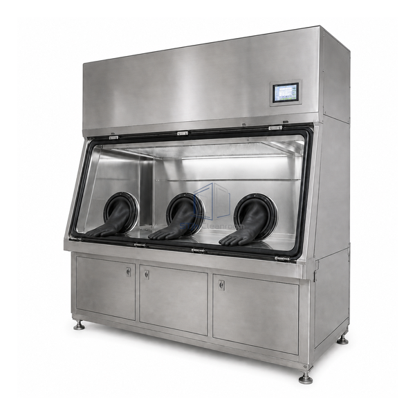 STjh 1600 mm sterility test isolator showing three glove ports and an extended stainless chamber on white