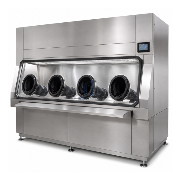 STjh 2000 mm sterility test isolator with four glove ports across its wide process chamber on white