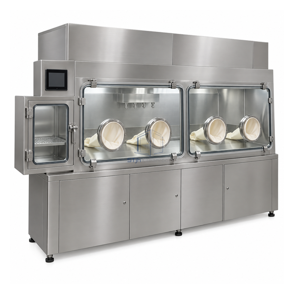 STjh four-glove batch sterility test isolator with twin viewing panels and a side transfer chamber