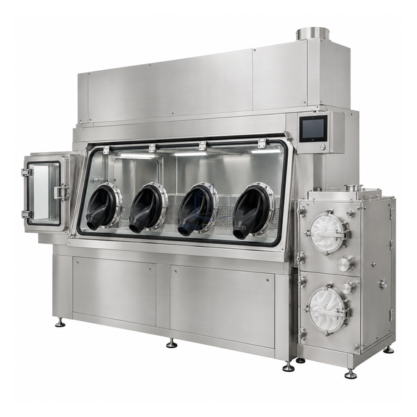 STjh four-glove containment sterility test isolator with a right-side filter service module