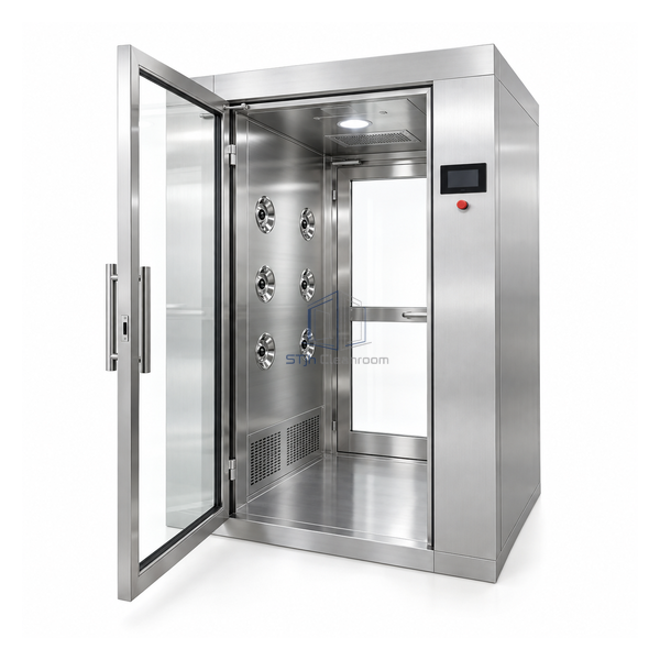 STjh compact one-person SUS304 air shower with a short brushed stainless-steel chamber and glazed doors