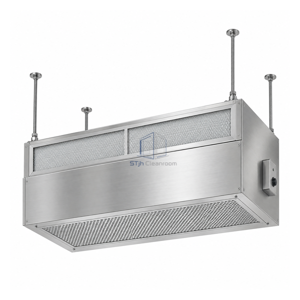 STjh compact 30 by 50 inch suspended HEPA laminar-flow hood with four ceiling rods and underside diffuser