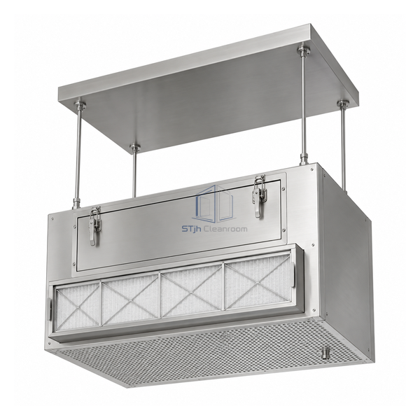 STjh compact suspended ULPA laminar-flow hood with gel-seal frame, front prefilter cassette and pressure port