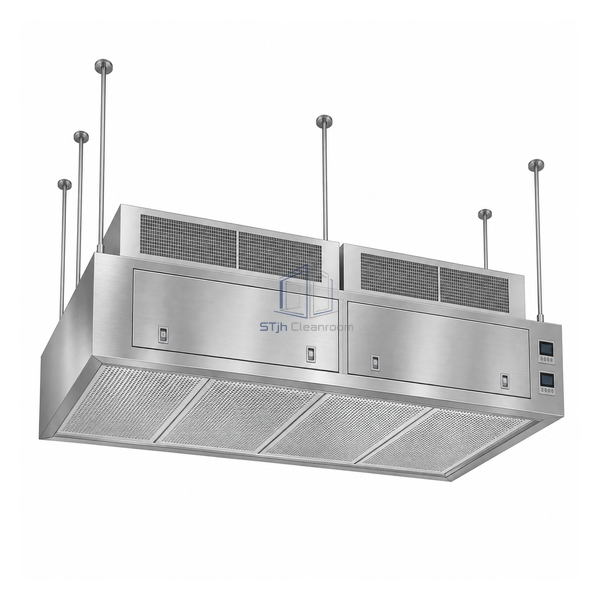 STjh large 54 by 98 inch suspended laminar-flow hood with twin fan-filter sections and segmented diffuser