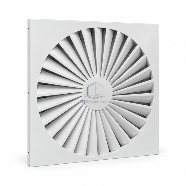STJH-SWIRL-CEILING-AIR-DIFFUSER-400 white-background main view of medium square diffuser and radial vane ring