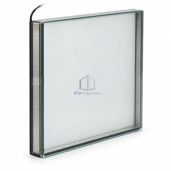 STjh PDLC insulated-glass privacy window on white, showing a deep spacer cavity, two glazing lites and a discreet electrical edge connection.