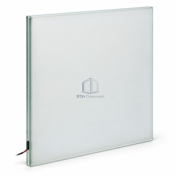 STjh laminated PDLC privacy window on white, showing a slim glass laminate in its translucent state with a discreet electrical edge lead.
