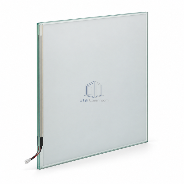 STjh retrofit PDLC privacy window on white, with surface-applied translucent film, a slim perimeter seal and protected edge wiring.