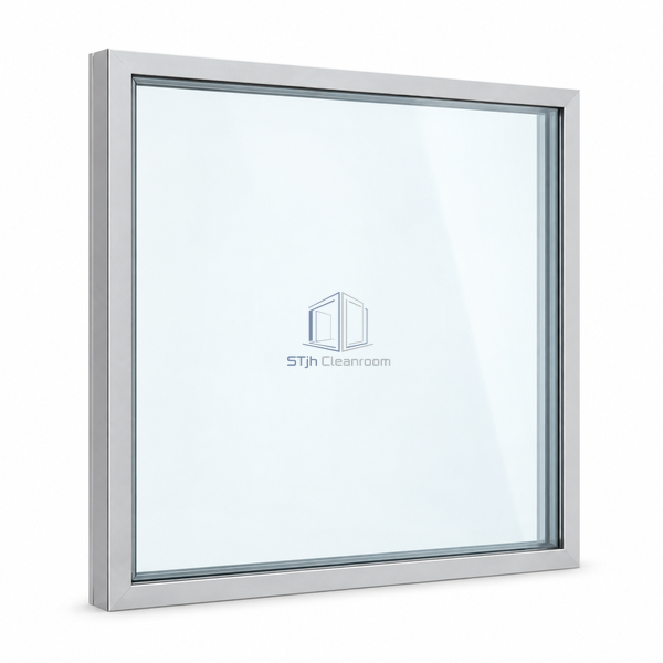 STjh 1000 x 1000 mm square double-glazed cleanroom window on a white background with clear panes and a compact perimeter.