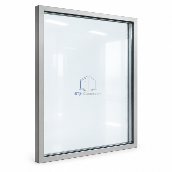 STjh 1000 x 1200 mm portrait cleanroom window on white, with clear double glazing and layered glass edges visible along the side.