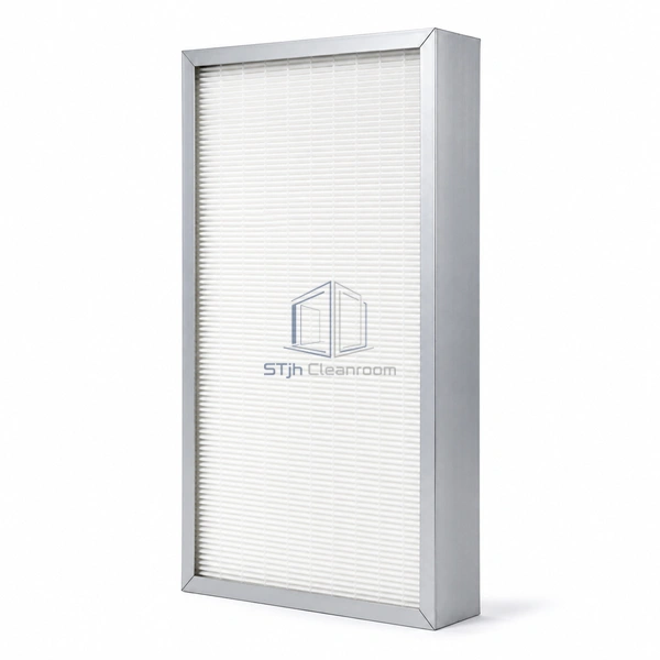 STJH-TERMINAL-HEPA-H14-305X610X70 tall half-module aluminum terminal filter with white mini-pleats on white