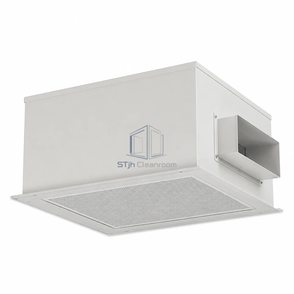 STJH-TERMINAL-HEPA-HOUSING-SIDE-INLET white ceiling housing with rectangular side connection and underside diffuser