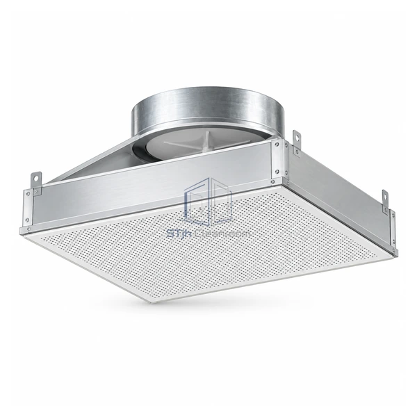 STJH-TERMINAL-HEPA-HOUSING-SLIM-10IN slim aluminum terminal HEPA module with round collar and perforated diffuser on a white background