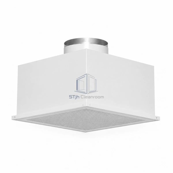 STJH-TERMINAL-HEPA-HOUSING-TOP-INLET white terminal box with round top collar and horizontal underside diffuser