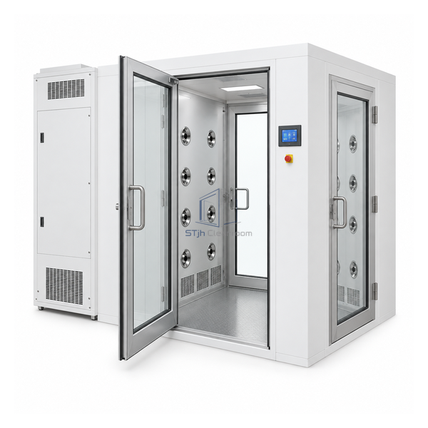 STjh low-profile right-hand three-door air shower with a flat roof and side-mounted filter and blower cabinet