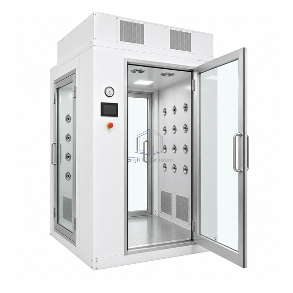 STjh standard-profile three-door air shower with a left-hand branch exit and a straight rear glass door