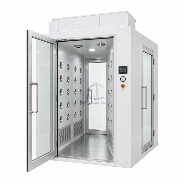 STjh standard-profile three-door air shower with an open front door, straight rear door and right-hand branch exit