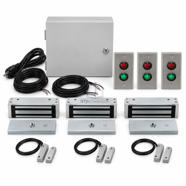 STJH three-door microcontroller interlock with membrane stations and three lock sets on white.