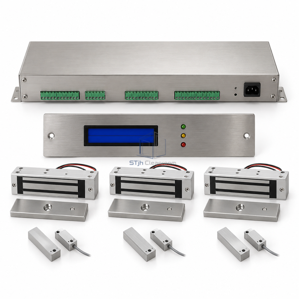 STJH pass-box interlock kit with separate stainless display and three-door hardware on white.