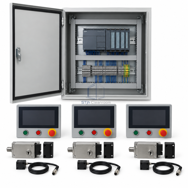 STJH PLC three-door interlock cabinet and modular operator panels displayed on white.