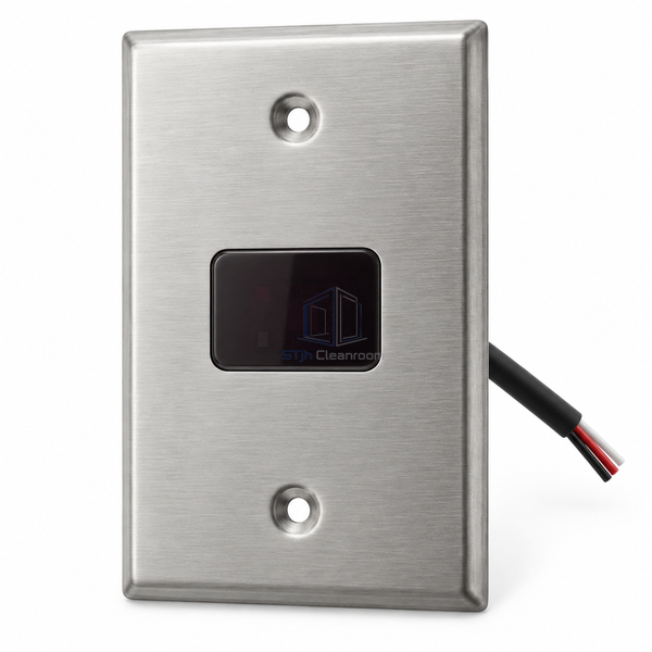 STJH wired infrared switch with stainless faceplate and dark sensor window on white.
