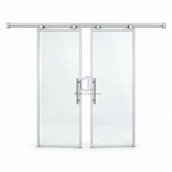 STjh 6 mm bi-parting glass cleanroom door main view on white with two clear leaves and a central meeting joint.