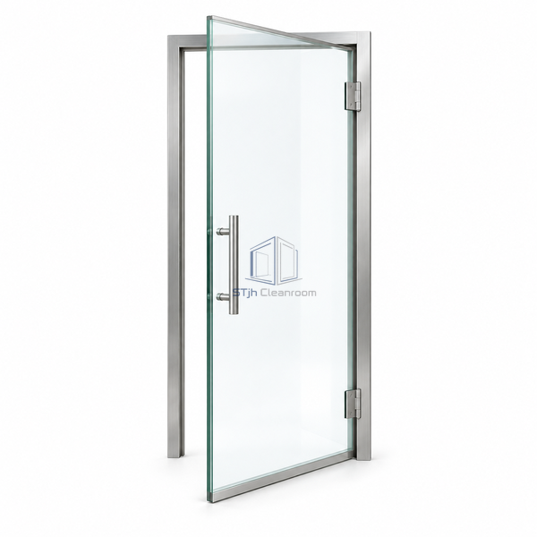 STjh 10 mm toughened-glass cleanroom door shown on white with a clear hinged blade and stainless surround.