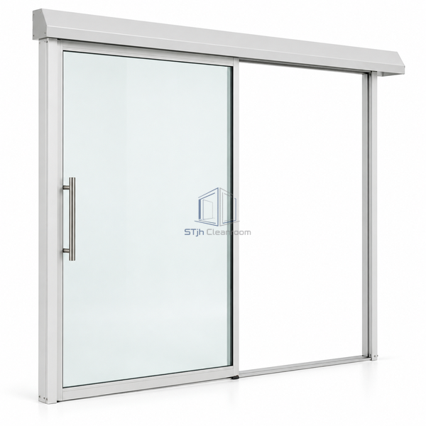 STjh 6 mm single-leaf glass cleanroom slider against white, showing an aluminum border and one-sided overhead track.