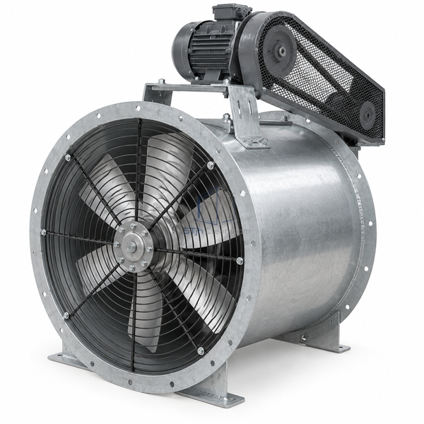STjh 24-inch belt-drive tube-axial fan with a compact steel tube and external guarded drive on white.