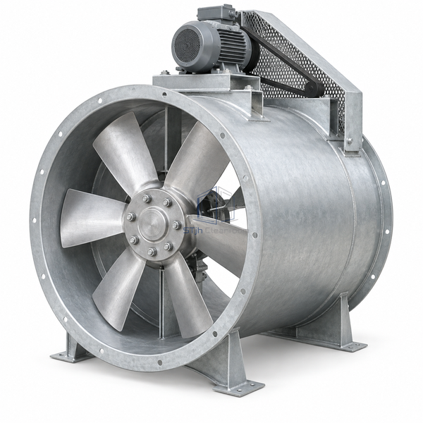 STjh 30-inch belt-drive tube-axial fan with a medium propeller housing and enlarged external motor base on white.