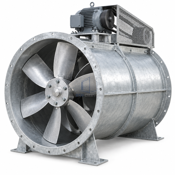 STjh 36-inch belt-drive tube-axial fan with a large welded housing and reinforced motor platform on white.
