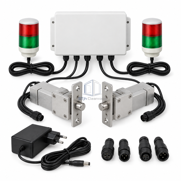 STJH buttonless two-door interlock package with shaft locks and bi-colour lights on white.