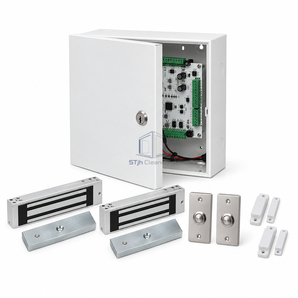 STJH two-door microcontroller airlock kit with white enclosure, locks and request stations.